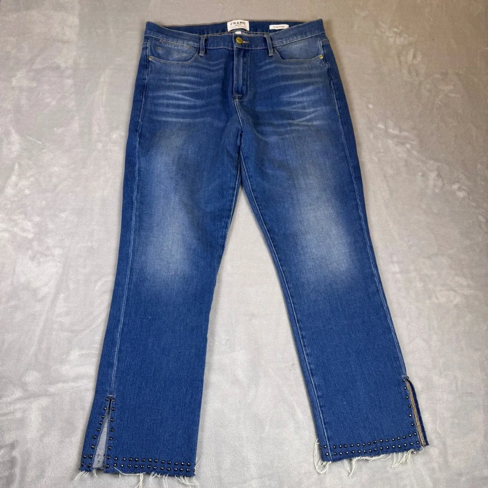 FRAME Denim Le High Straight Studded‎ Hem Jeans Womens Size 32 Raw Hem
